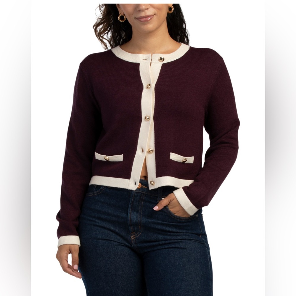 Sole NWT FRENCH CONNECTION Vhari Contrast Cardigan In Burgundy/Cream